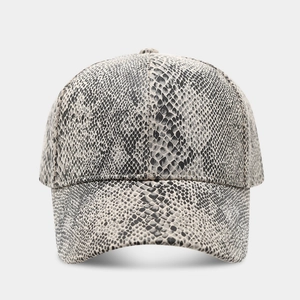 Street fashion baseball cap featuring an all-over beige and black snakeskin pattern print