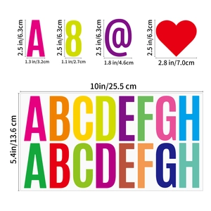 Detailed dimensions of 2.5 inch colorful self-adhesive waterproof letter stickers set
