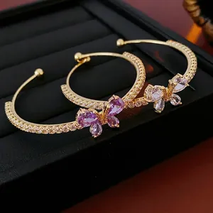 Bracelet Jonc Ouvert Papillon Pour Femmes Cuivre Zircone Cubique Ajustable Bijoux De Luxe
