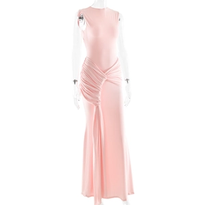 Detailed view of pink sleeveless maxi dress with pleated waist knot and elegant draping
