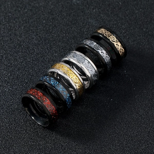 Close-up of stainless steel rings with dragon pattern in red, blue, gold, silver and black