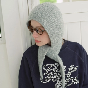 Light gray knit balaclava hood with plush texture and side tie for winter fashion