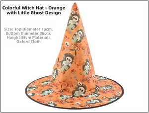Orange Halloween witch hat with ghost patterns and detailed dimensions on white background