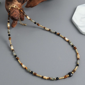 Bohemian handmade beaded necklace with natural shell stones and gold lobster clasp jewelry