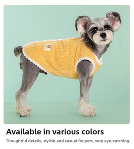 Close-up of warm yellow pet vest with white wavy edges and cute bear logo detail