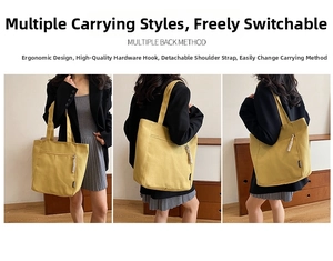 Detail showing the adjustable shoulder strap and metal hardware of this yellow canvas tote