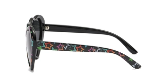 Detail view of black heart-shaped sunglasses featuring colorful star patterns on temples