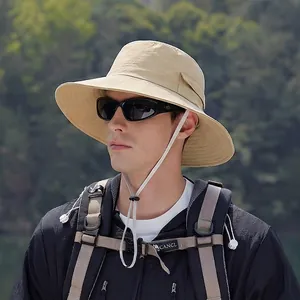 Men's outdoor wide brim sun hat in khaki with waterproof quick-dry fabric for hiking