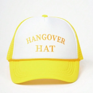 Yellow and white Y2K trucker hat with HANGOVER HAT embroidery and adjustable mesh back