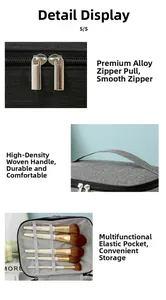 Detail of waterproof toiletry bag showing alloy zippers and elastic brush pockets