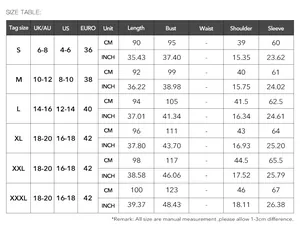 Detailed sizing chart for leopard print long sleeve dress with US UK and EU measurements