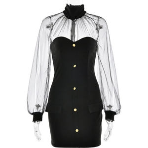 Sexy black bodycon dress with mesh patchwork, gold buttons and high collar for women