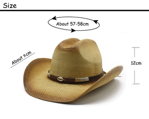 Detail showing dimensions of cowboy straw hat with 9cm brim and 58cm circumference