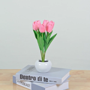 Pink tulip night light in a white ceramic pot on decorative books for home decor