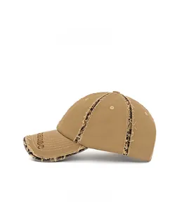 Detailed side view of khaki distressed cotton baseball cap with Cause embroidery