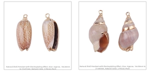 Detailed close-up of natural shell pendants with electroplated metal edges for DIY jewelry