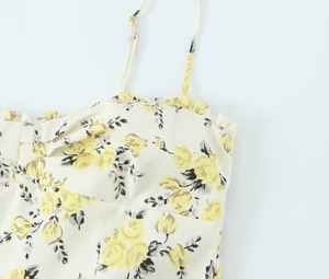 Close-up of yellow floral midi dress with adjustable straps and poplin texture