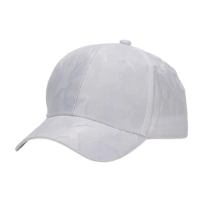 Close-up of white baseball cap with subtle camouflage texture and stitched ventilation eyelets