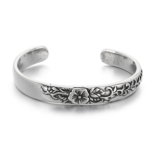 Vintage floral engraved C-shaped cuff bracelet in silver stainless steel for men and women