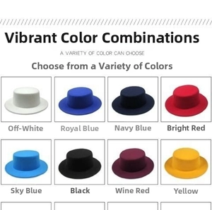 Cappelli boater a cima piatta mostrati in vari colori tra cui blu navy, rosso e beige