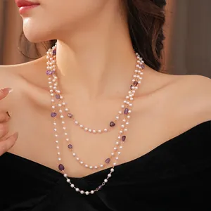 Amethyst Artificial Pearl Necklace Long Multi-Layer Beaded Chain French Retro Elegant Jewelry For Women