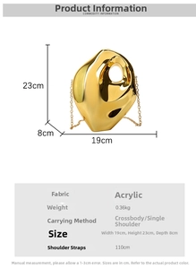 Detailed size specifications for the gold acrylic evening bag with crossbody chain