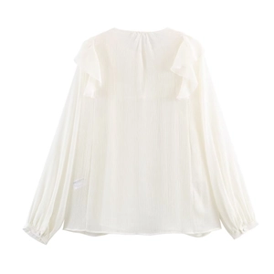 Elegant white long sleeve chiffon blouse featuring stylish ruffled shoulder decorations