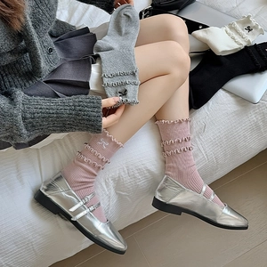 Ballet style ruffled socks with bow embroidery and lace edge in various colors