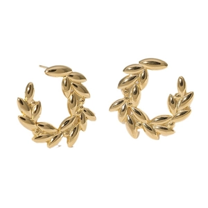 Golden laurel leaf stainless steel hoop earrings with an elegant polished metallic finish