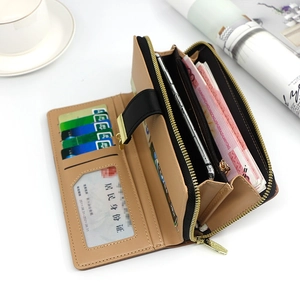 Khaki long PU leather wallet with leaf cutout and multi-card slots for smartphone