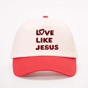 Two-tone red and white baseball cap with Love Like Jesus embroidery and heart