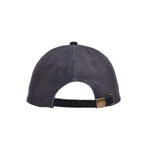 Close-up of washed denim baseball cap back with adjustable bronze metal buckle