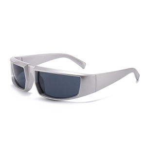 Silver Y2K futuristic punk sunglasses with wraparound frame and dark grey lenses
