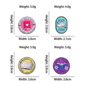 Enamel reading pins set with four book-themed designs and English motivational quotes