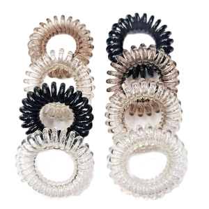 Close-up of black, clear and gray gradient spiral hair ties in a neat vertical layout