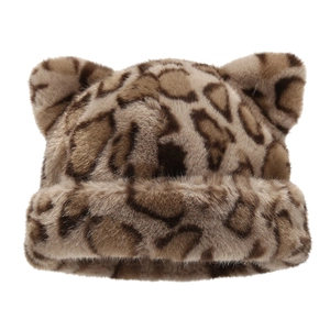 Women winter plush leopard print cat ear hat with warm faux fur and retro aesthetic