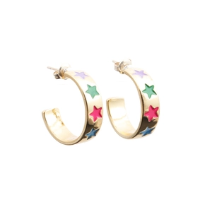 Golden C-shaped hoop earrings with colorful enamel star patterns and zircon accents