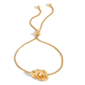 Elegant gold double heart interlocking bracelet with cubic zirconia accents and box chain
