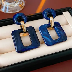 Blue Marble Texture Acrylic Square Drop Earrings With Silver Earring Post Geometric Hollow Vintage Fashion For Women