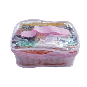 80-piece hair roller set with orange curlers and comb in a pink PVC carrying bag