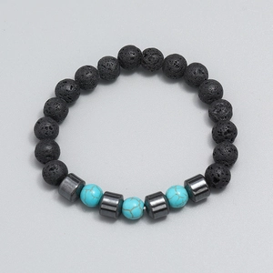 Men's lava stone beaded bracelet with turquoise accents and metallic spacers