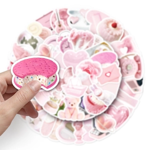 Set of 50 pink cartoon graffiti stickers with ice cream and bear designs for DIY crafts