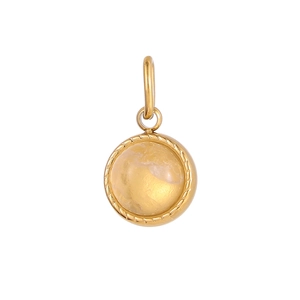Detailed close-up of a gold-plated round yellow gemstone pendant with twisted rope edges