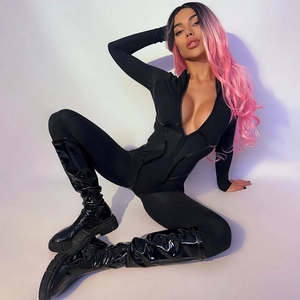 Close-up of tight-fit long sleeve bodysuit with front zipper and webbing details