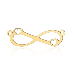 Close-up of golden infinity heart charm connector for stainless steel jewelry making