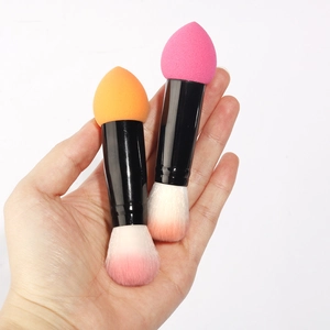Dual-ended makeup tool with foundation sponge and soft fiber brush for face blending