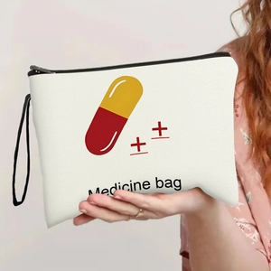 Handheld portable white canvas medicine storage bag with capsule illustration and strap