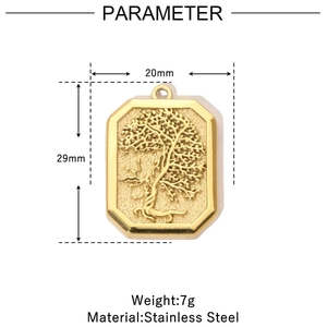 Detailed parameter display for a gold tree of life rectangle pendant in stainless steel