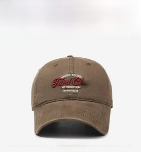 Detailed front view of brown cotton baseball cap with red Fard Club 3D embroidery