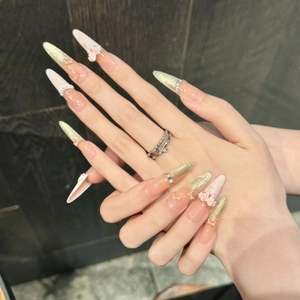 French style extra-long pointed press-on nails with pink gold gradient and pearls